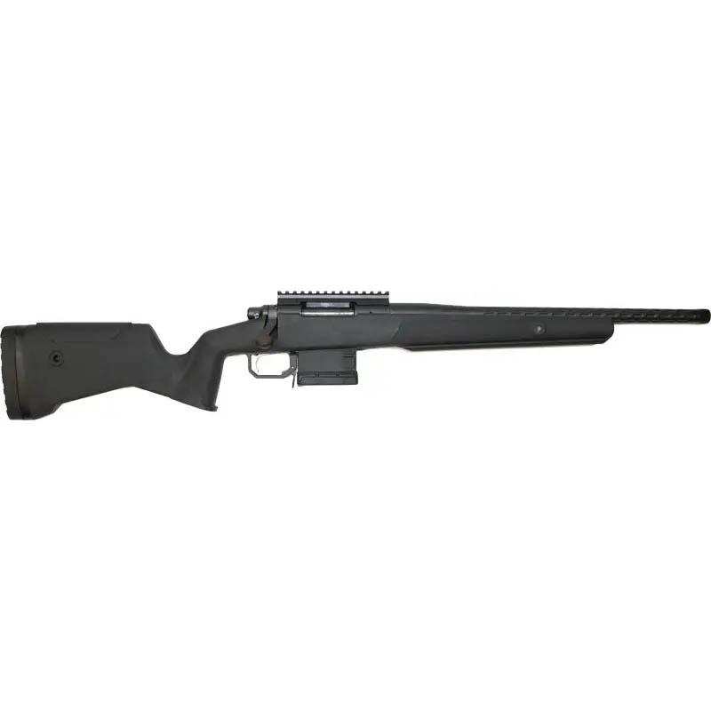 Black bolt-action rifle with scope rail on white background