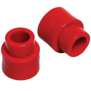 Two red polyurethane suspension bushings on white background