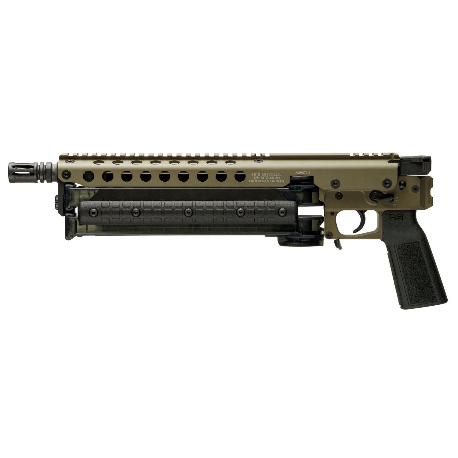 Olive-drab tactical pistol with extended handguard and muzzle device