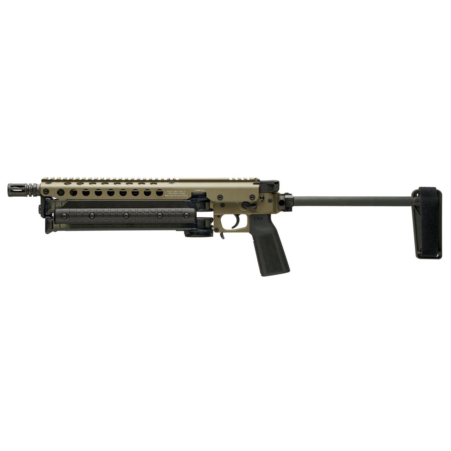 Compact olive-drab firearm with folding stock on white background