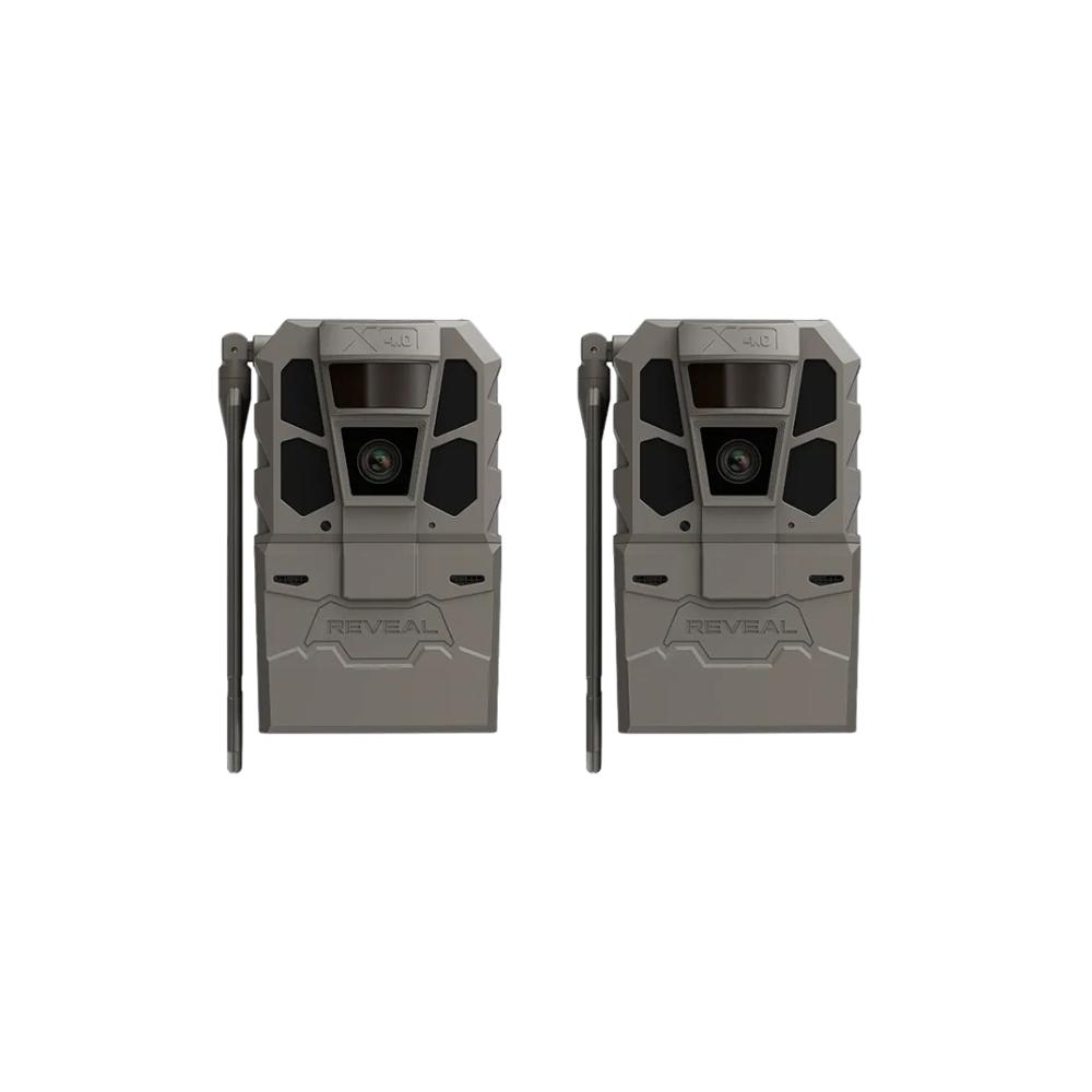 Two gray Reveal cellular trail cameras with antennas