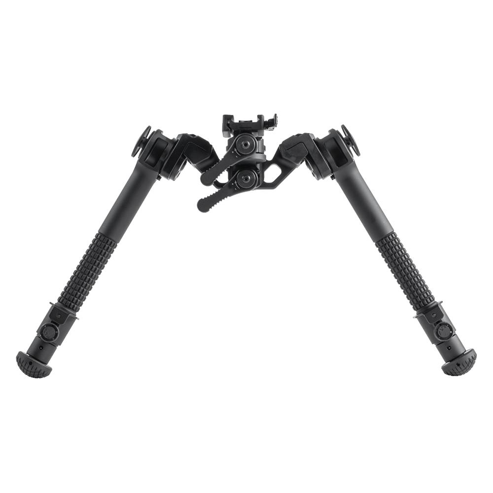 Black adjustable tactical rifle bipod with folding legs