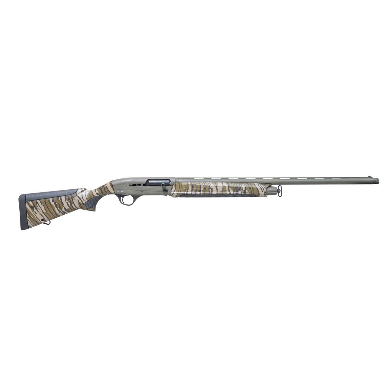 Camouflage-patterned semi-automatic shotgun on white background