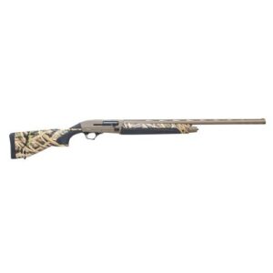 Camouflage-patterned semi-automatic shotgun on a white background