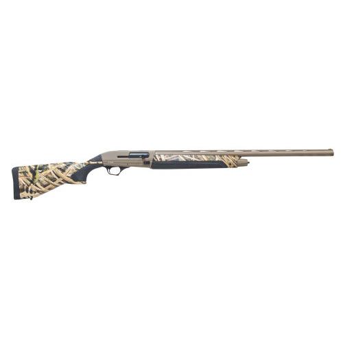 Camouflage-patterned semi-automatic shotgun on a white background