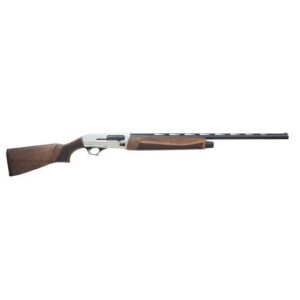 Semi-automatic shotgun with walnut stock on white background