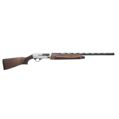 Semi-automatic shotgun with walnut stock on white background