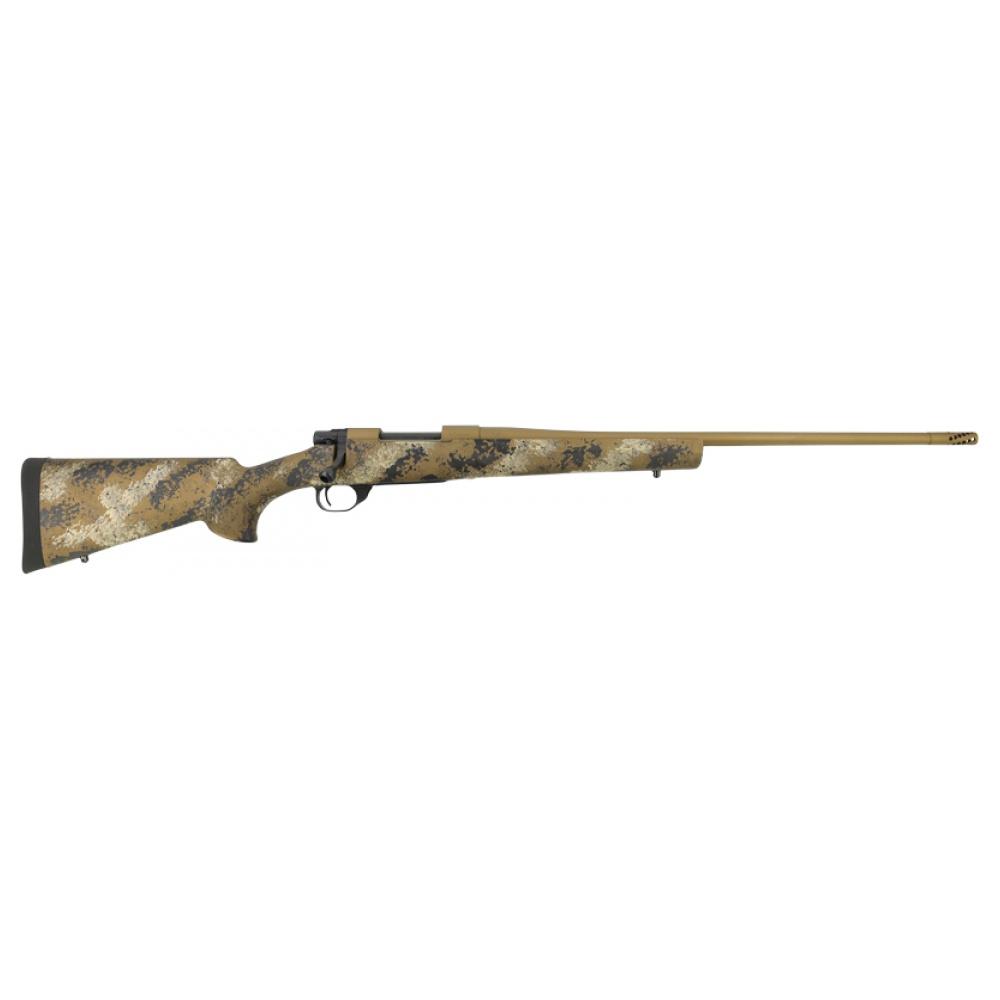 Camouflage bolt-action rifle with long barrel on white background
