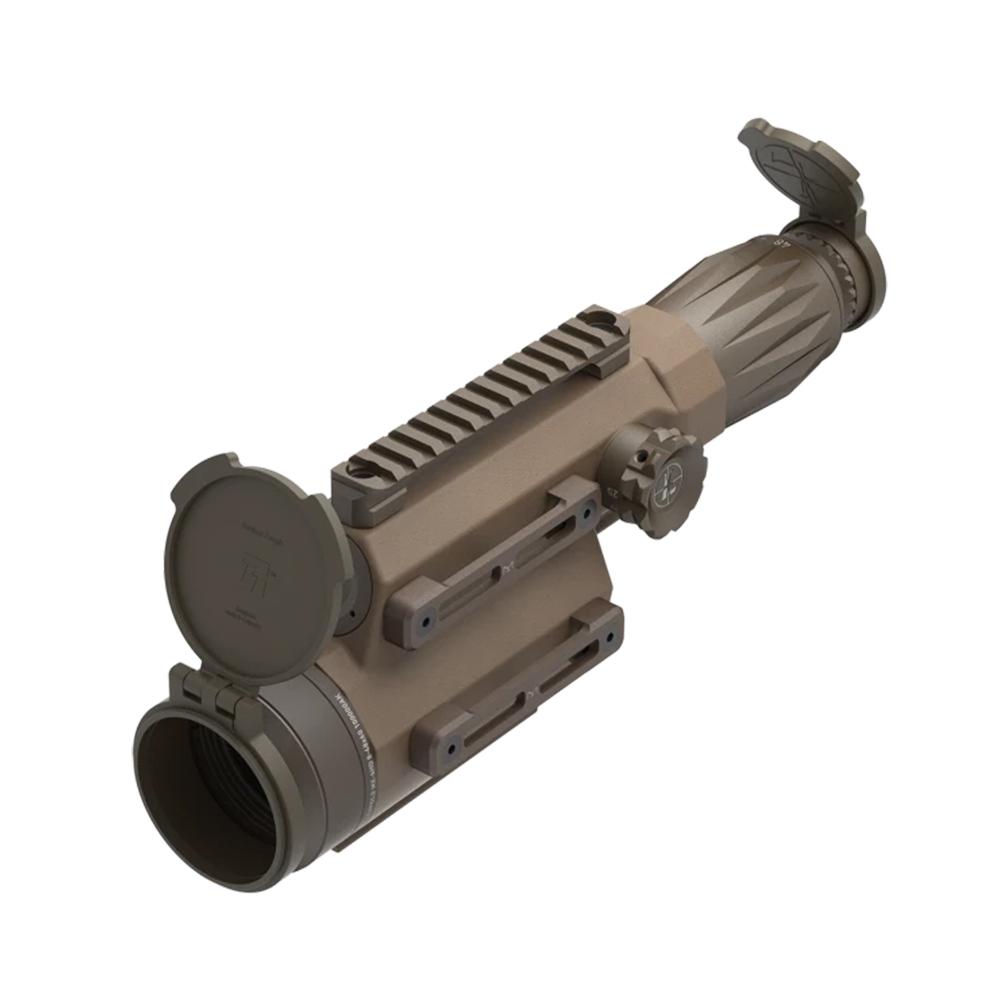 Tan tactical rifle scope with flip-up lens covers
