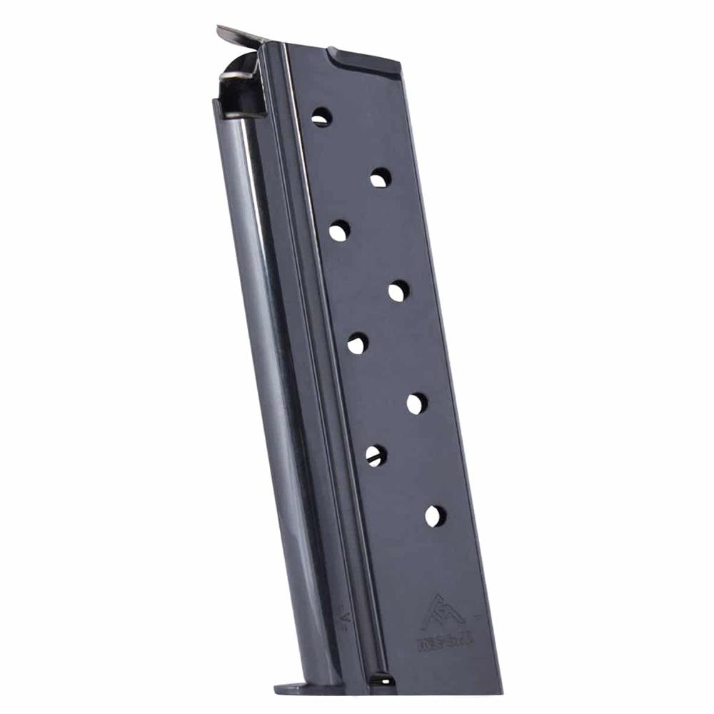 Black metal firearm magazine on white background
