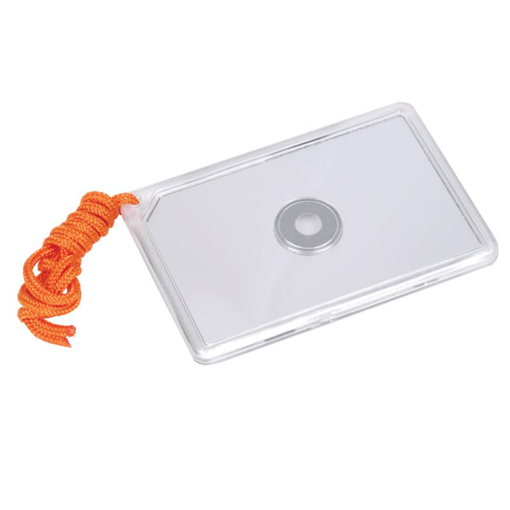Clear plastic rectangular tag with orange lanyard