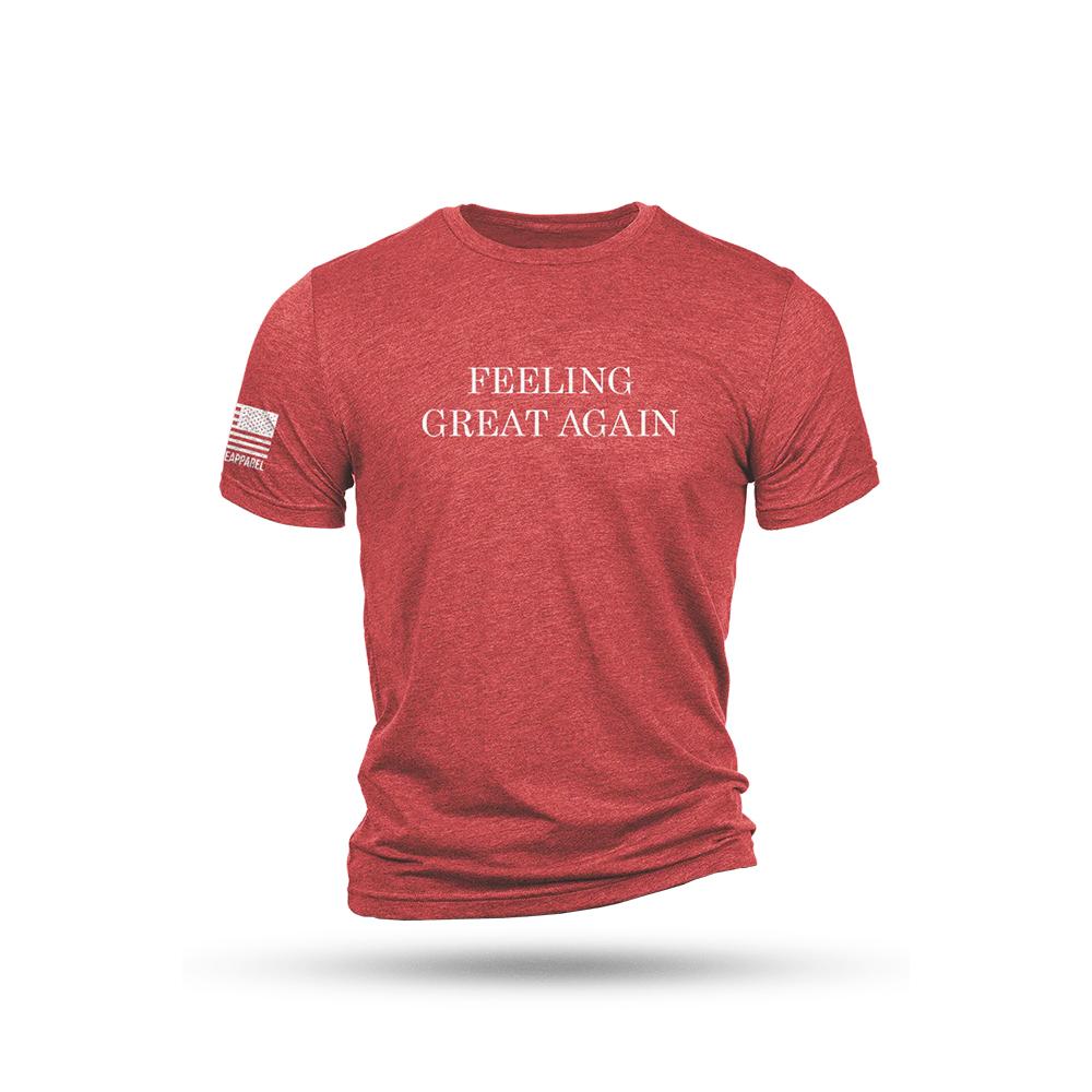 Red T-shirt reading “Feeling Great Again”
