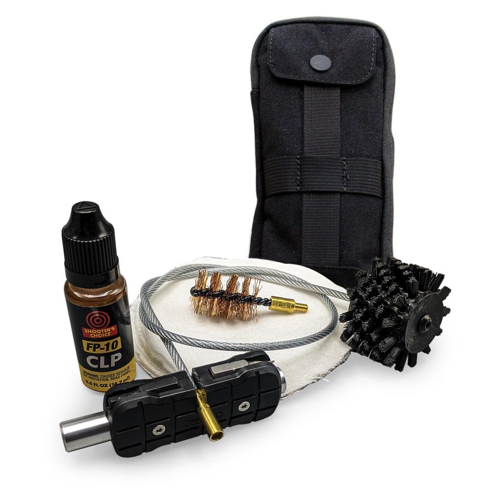 Firearm cleaning kit with brushes, oil, cable, and pouch