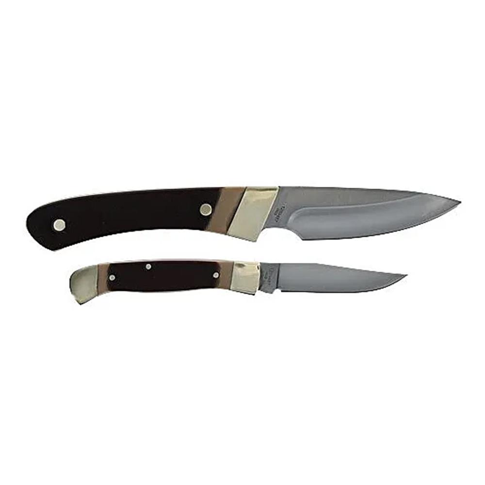 Two fixed-blade knives with dark handles on white background
