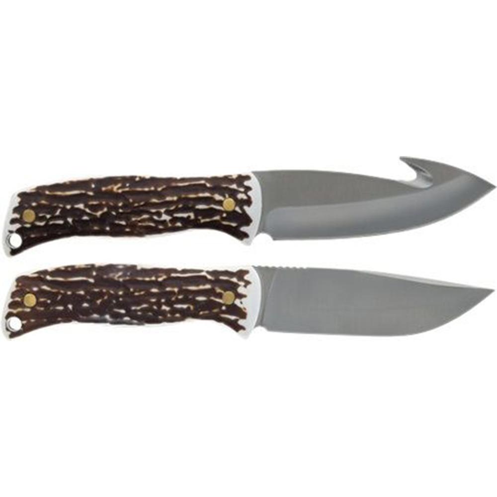 Two fixed-blade knives with textured brown handles