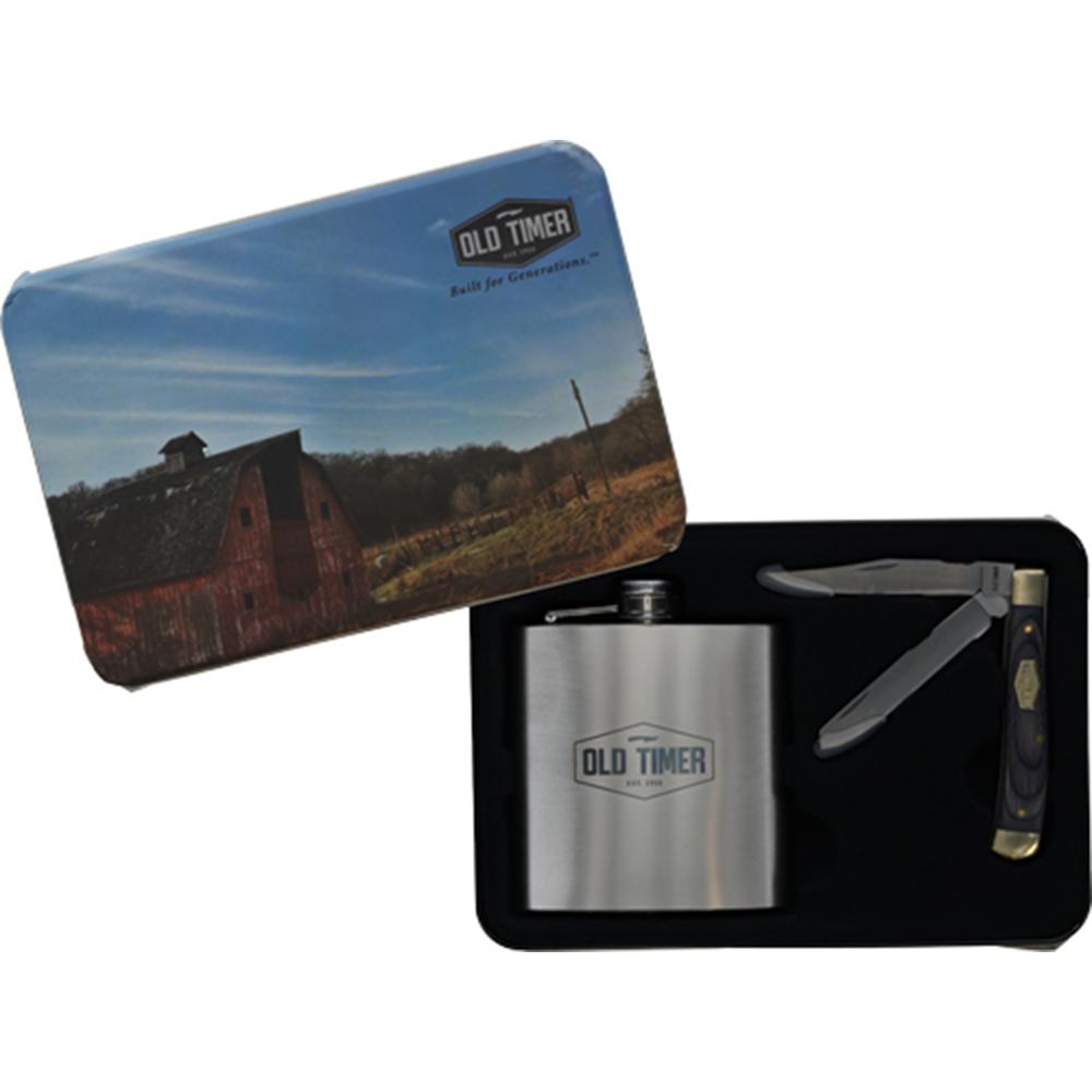 Old Timer flask and pocketknife gift set in tin