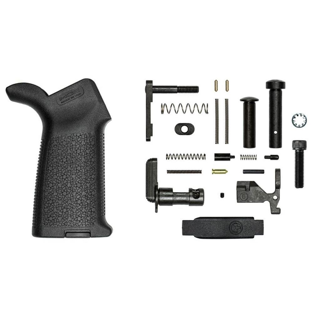 Black firearm pistol grip parts kit laid out