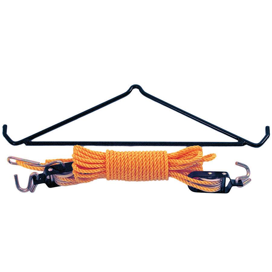 Black metal hanger with orange rope and hooks