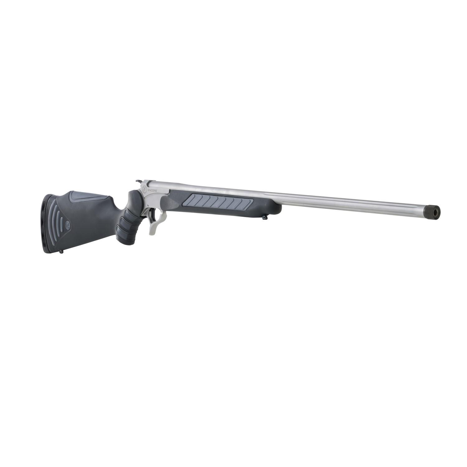 Stainless steel bolt-action rifle with black synthetic stock