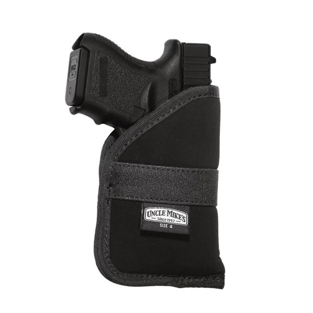 Black handgun partially holstered in Uncle Mike’s fabric holster