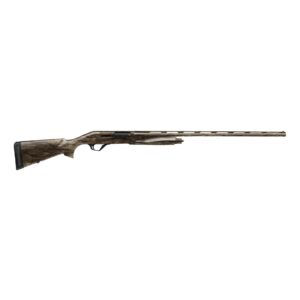 Camouflage-patterned semi-automatic shotgun on white background