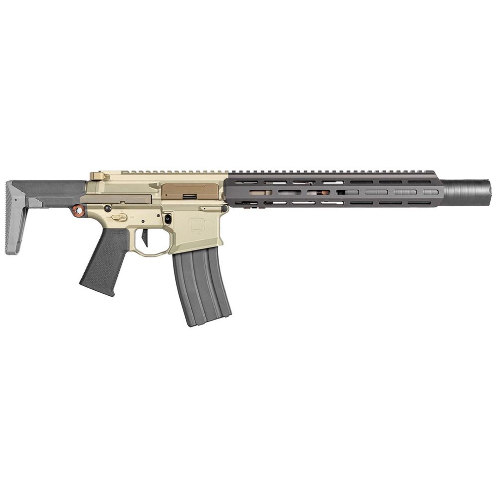 Tan and black AR-style rifle with suppressor