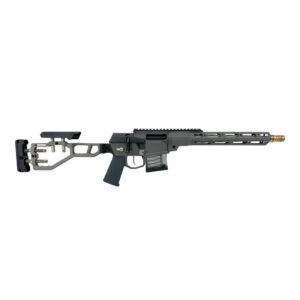 Modern precision rifle with adjustable stock on white background