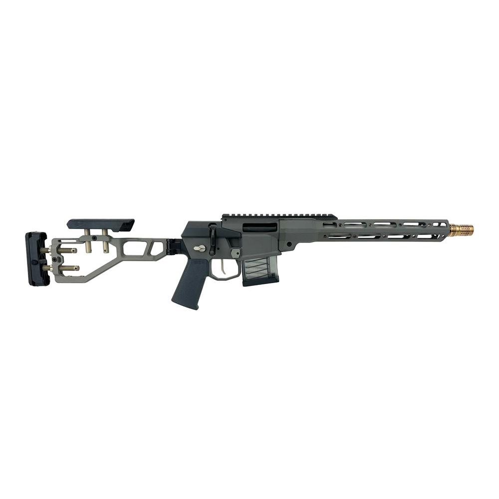 Modern precision rifle with adjustable stock on white background