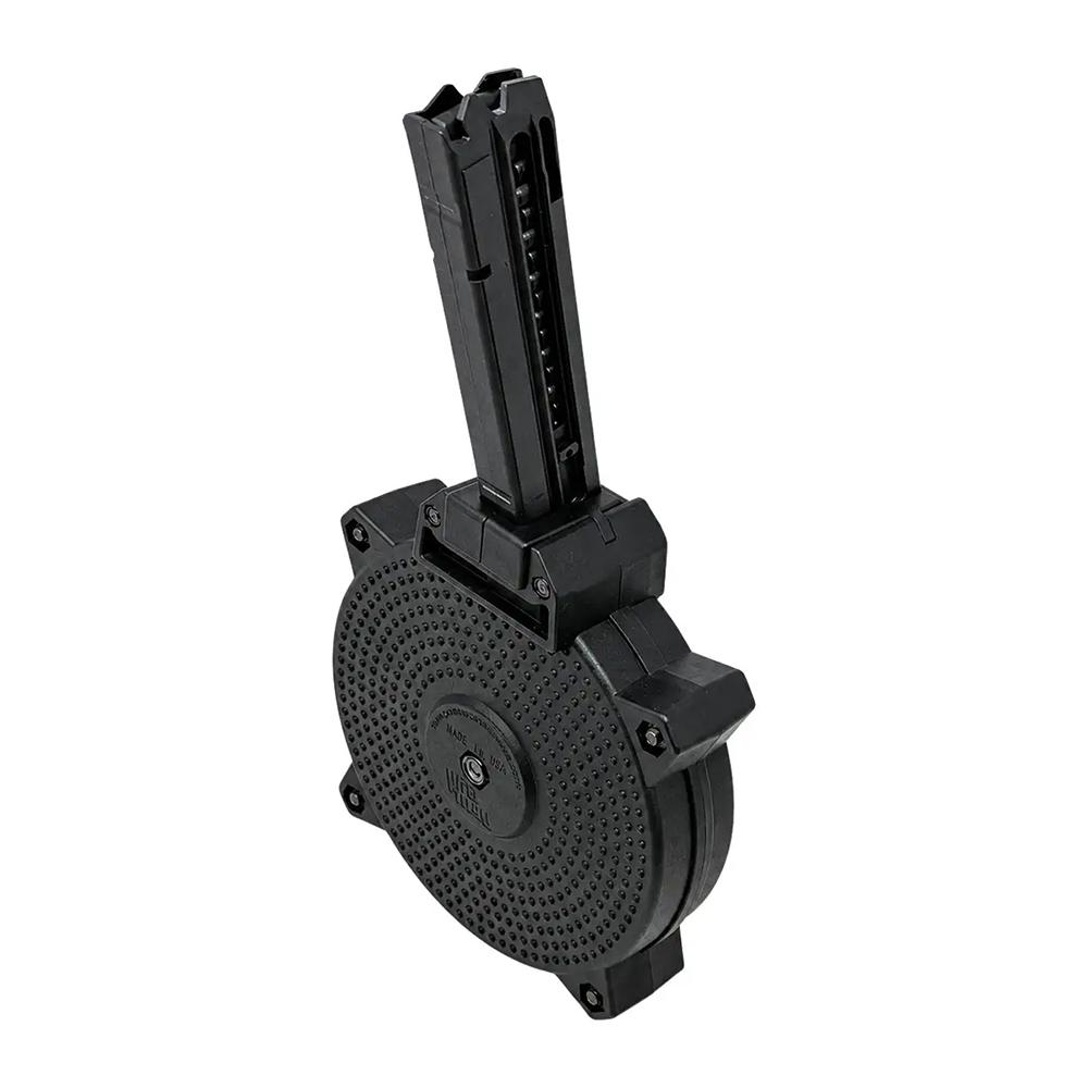 Black drum magazine with extended ammunition tower