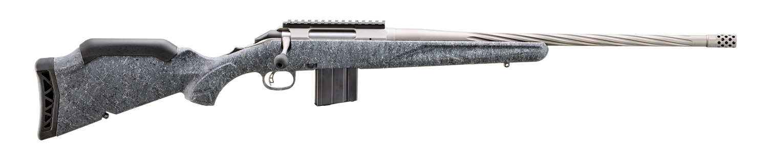 Bolt-action rifle with gray stock and stainless barrel