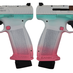 White Canik 9mm pistol with pink and teal accents
