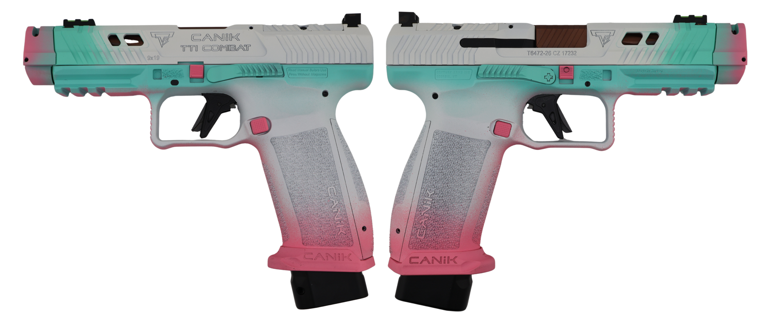 White Canik 9mm pistol with pink and teal accents
