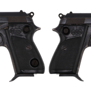 Two black Beretta pistols shown in opposing side views