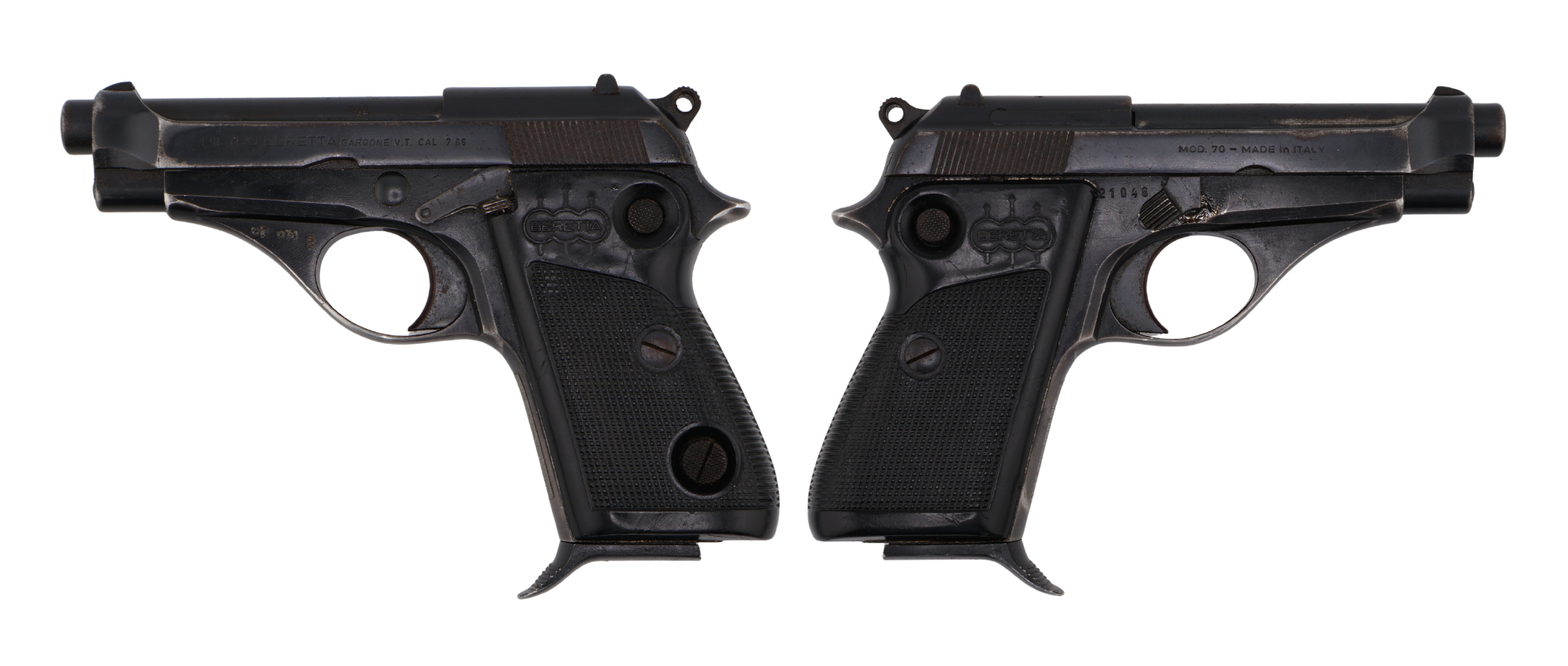 Two black Beretta pistols shown in opposing side views