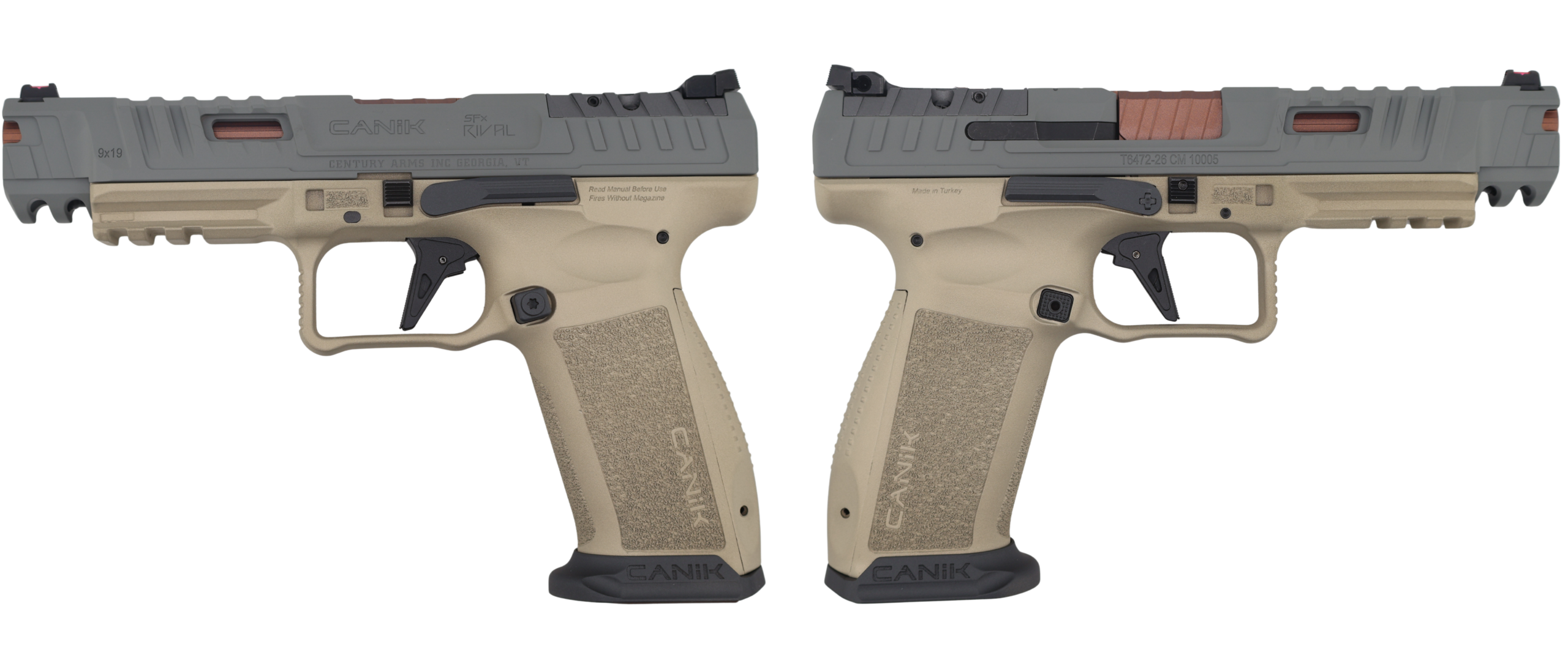 Two Canik semi-automatic pistols on a white background