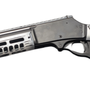 Silver tactical lever-action rifle with black barrel