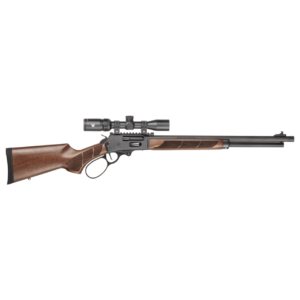Scoped lever-action rifle with engraved wooden stock