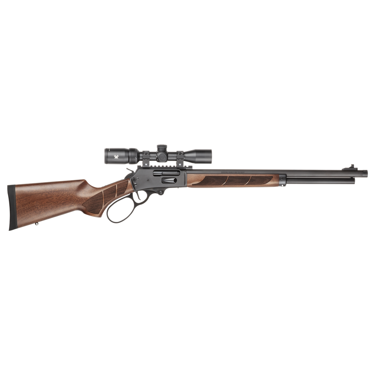 Scoped lever-action rifle with engraved wooden stock