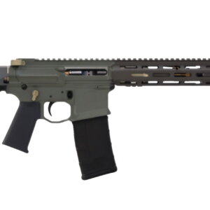 Compact rifle with folding stock and suppressor on white background