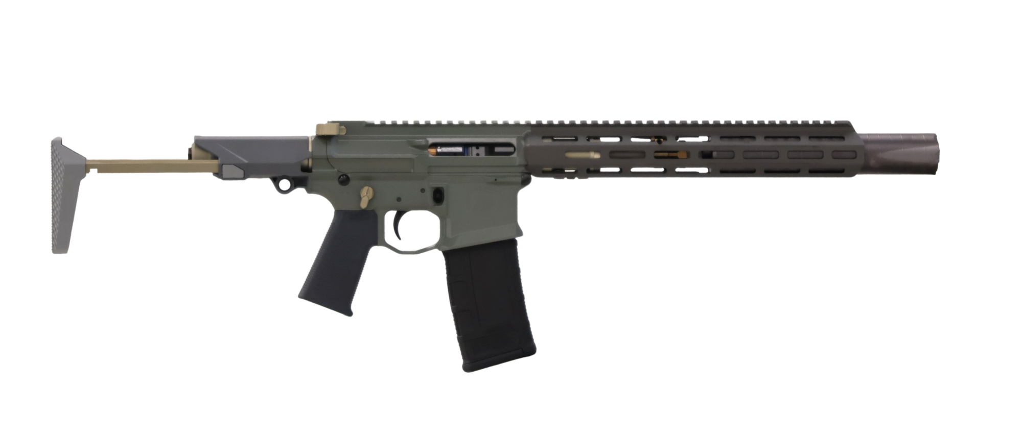 Compact rifle with folding stock and suppressor on white background