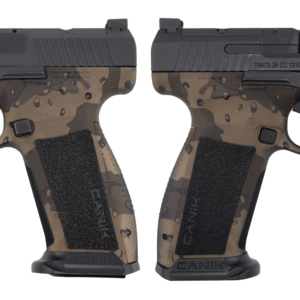 Camouflage-patterned Canik 9mm semi-automatic pistol close-up