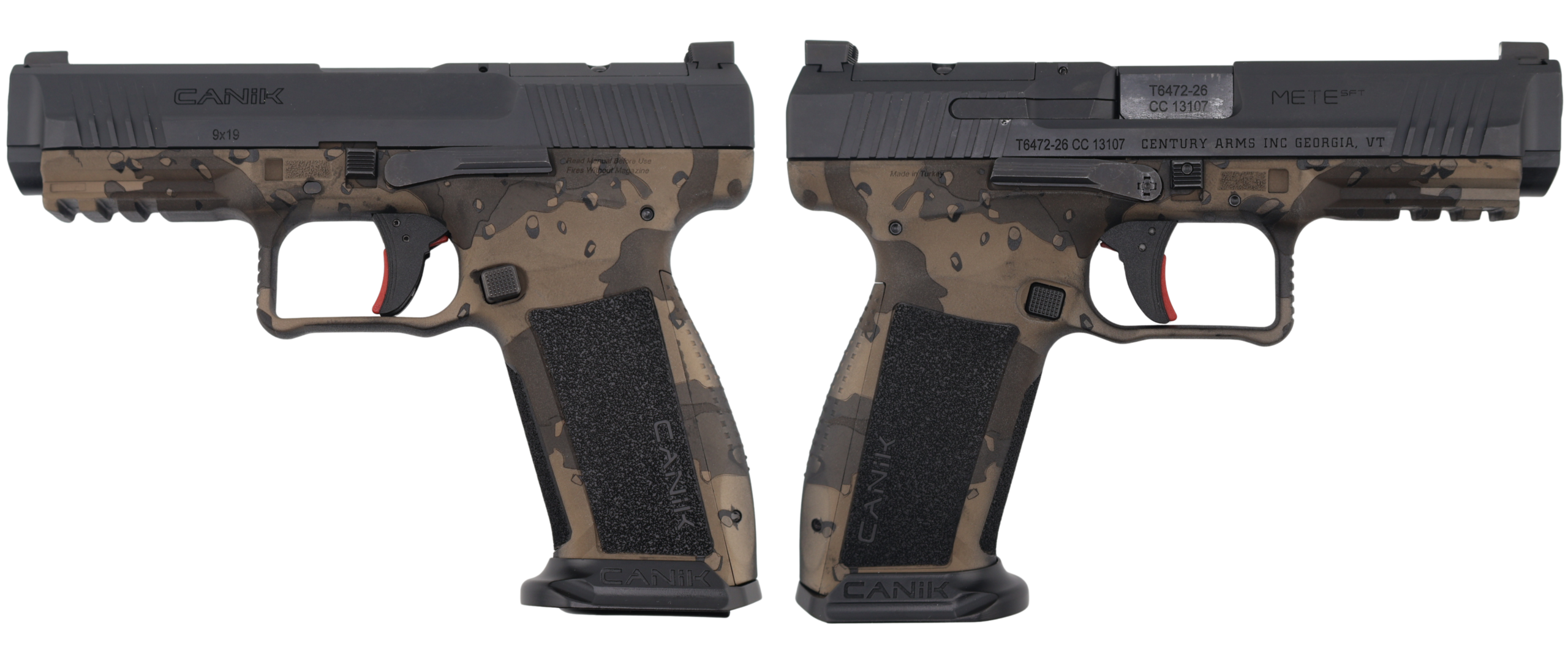 Camouflage-patterned Canik 9mm semi-automatic pistol close-up