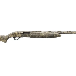 Camouflage-patterned semi-automatic shotgun on white background
