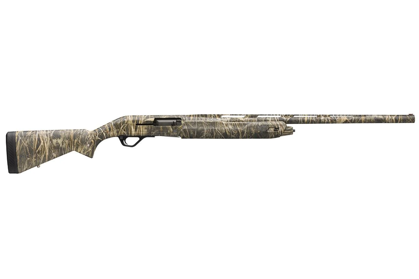 Camouflage-patterned semi-automatic shotgun on white background