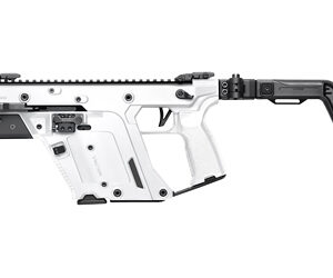 White bullpup rifle with black folding stock