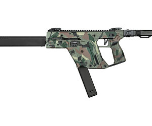 Camouflage compact rifle with suppressor and folding stock