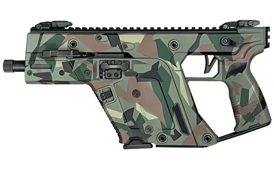 Camouflage-patterned compact bullpup rifle side view