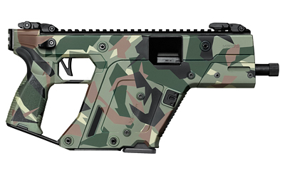 Camouflaged compact bullpup firearm with black rail and sight