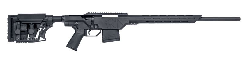 Black semi-automatic tactical rifle shown in side profile