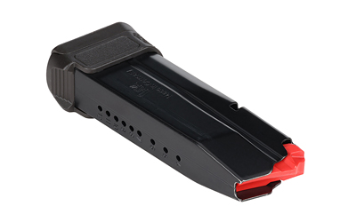 Black firearm magazine with red follower on white background